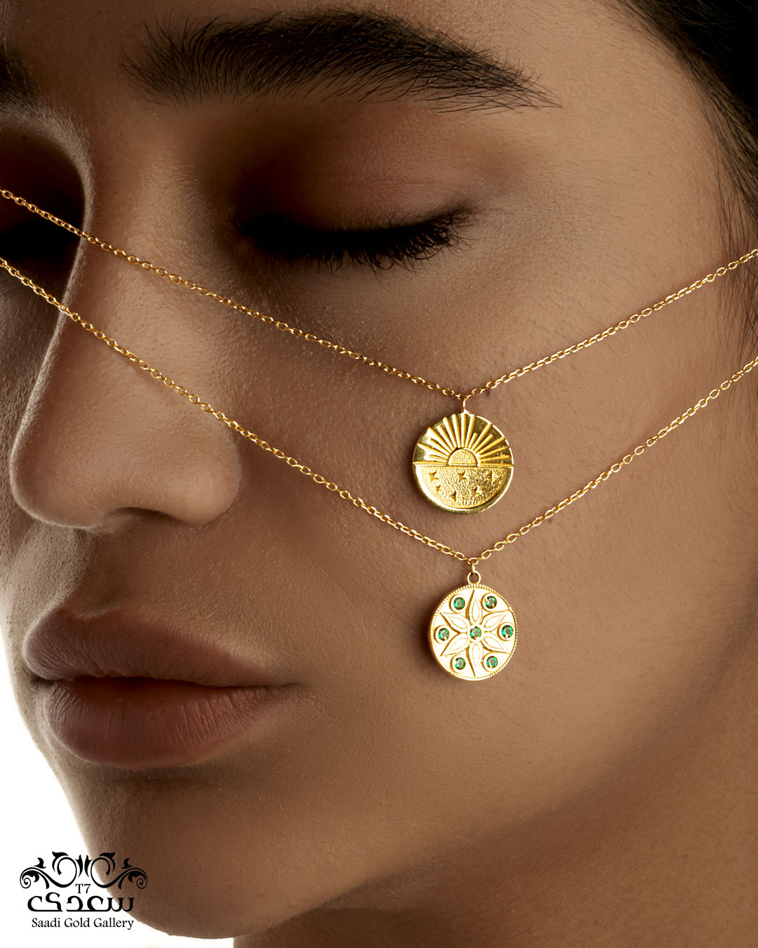 A WOMAN WITH SOME NECKLACES ON HER CHEEKS AS POSE FOR PHOTOGRAPHY